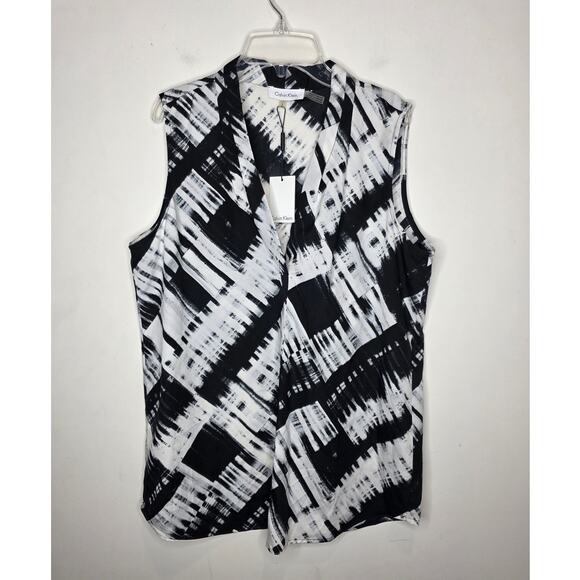 NWT Calvin Klein black white abstract v-neck sleeveless shirt blouse - large - Picture 1 of 5